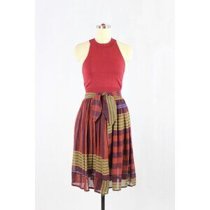 KENZO Maroon Purple Striped Wool Blend Gauze Front Tie A-Line Skirt, Size 36/S